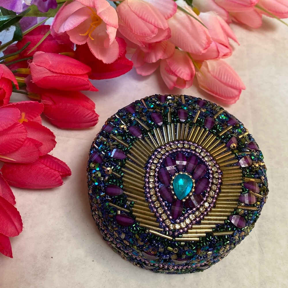 Beaded Peacock Round Jewelry Box - Picture 2 of 6
